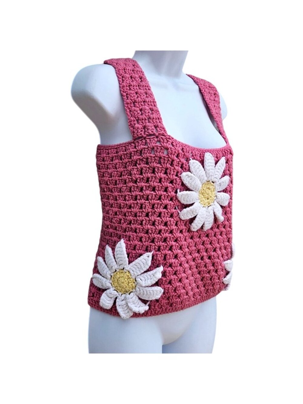 Y2K Handmade Crochet Daisy Tank Top Pink Stretchy Women's M-XL Vintage